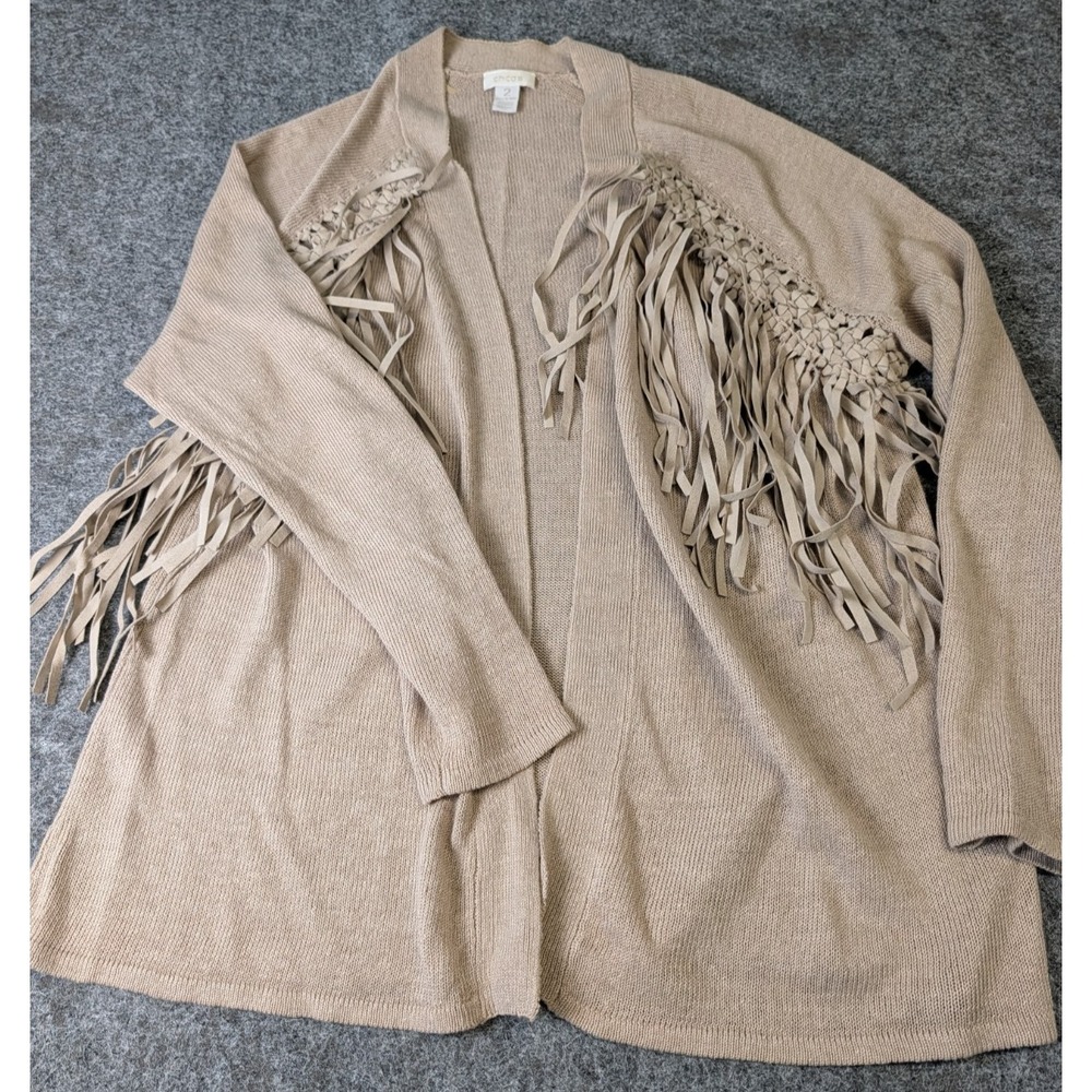 Chico's Faux Suede Beige Fringe Open Cardigan Bohowestern Women's 2 Large EUC